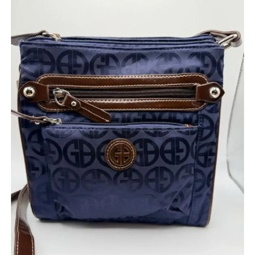 Giani Bernini Navy Blue Monogram Crossbody Bag Nylon Purse Brown Leather Trim